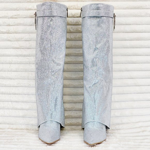 Super Sparkle Sharky Silver Rhinestone Skirted Fold Over Wedge Heel Knee Boots - Picture 9 of 12